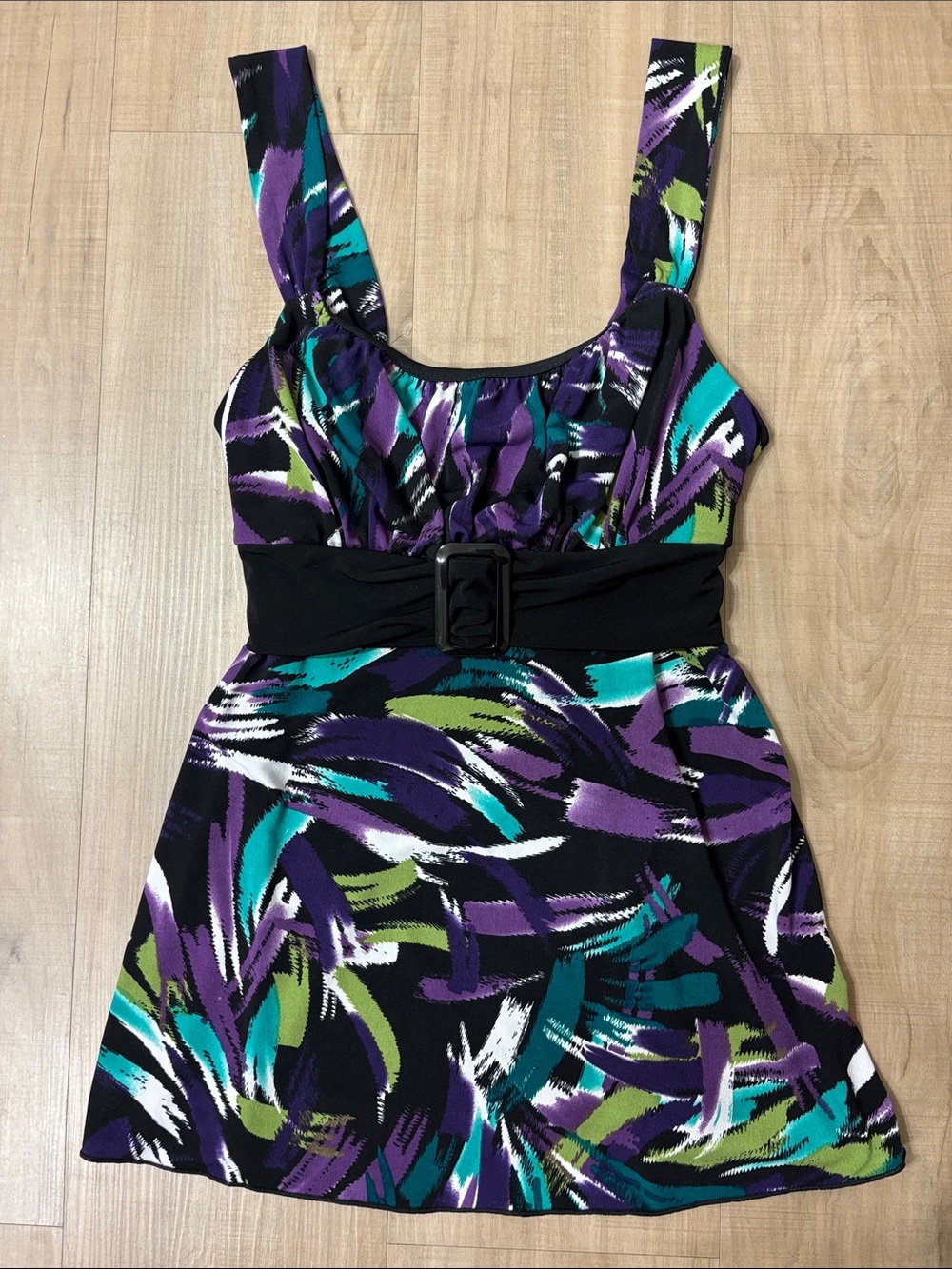 Y2K Byer California Black Babydoll Top with Purple Teal Green Brushstroke Print